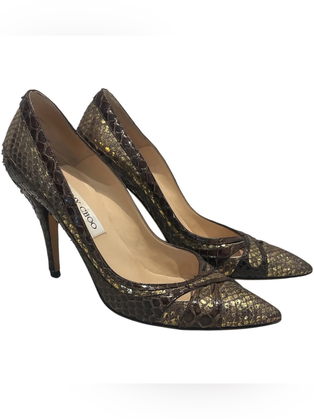 Jimmy Choo Gold and Brown Snakeskin Pointed Toe Heels